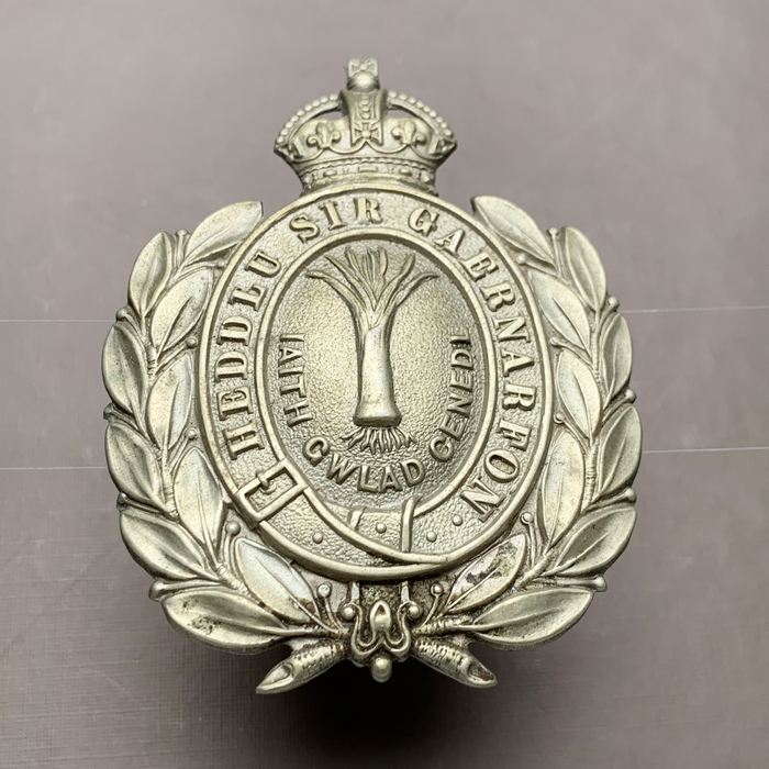 British Police Caernarvonshire Constabulary Wreath Helmet Plate - King's Crown-1 w