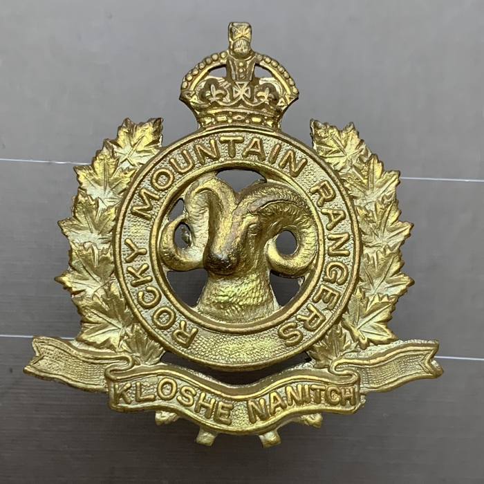 WO2 WW2 Canadian cap badge Rocky Mountain Rangers Kloshe Nanitch Kings Crown w